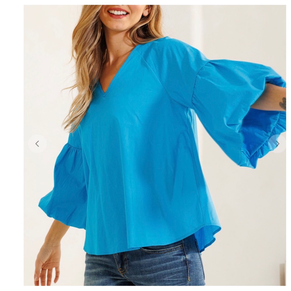 Boho Balloon Sleeve Baby Doll V-neck Solid Top - Picture 2 of 4